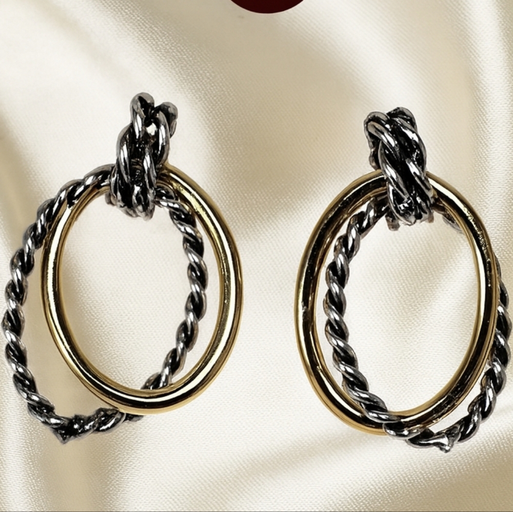 Dual-Tone Polished Twisted Hoop Teardrop Earrings – Women’s Fashion Jewelry